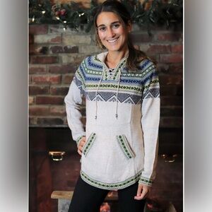 ARTESANIA WOMEN`S CHACHANI SWEATER IVORY BLUE GREEN SIZE MEDIUM EUC